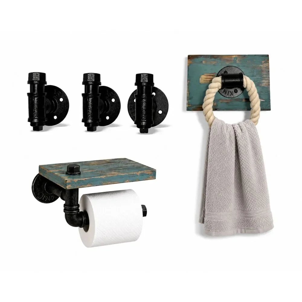 Rustic Industrial Bathroom Accessory Set Toilet Paper w Shelf, Hooks & Rope Ring